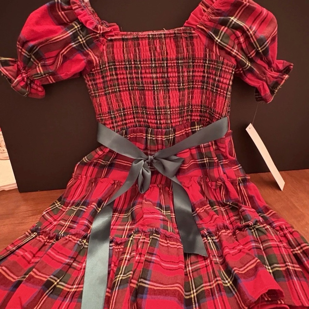 Badgley Mischka Girls Red Plaid Smocked Dress with Bow Size 4